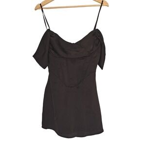 White Fox Mini Dress Black Satin Off Shoulder Draped Bustier Button Back Small